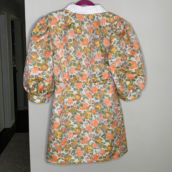 MOODIE Women's Size M Orange & Yellow Jacquard Floral Puffy Sleeved Mini Dress - Picture 8 of 15